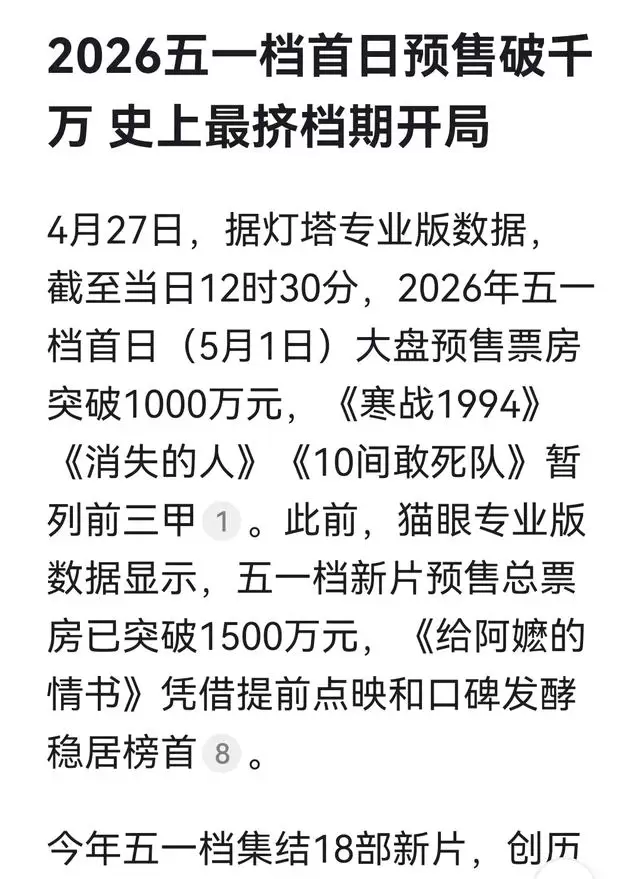 2026五一档首日预售破千万，《寒战1994》《消失的人》《10间敢死队》领跑 _ 相关图片